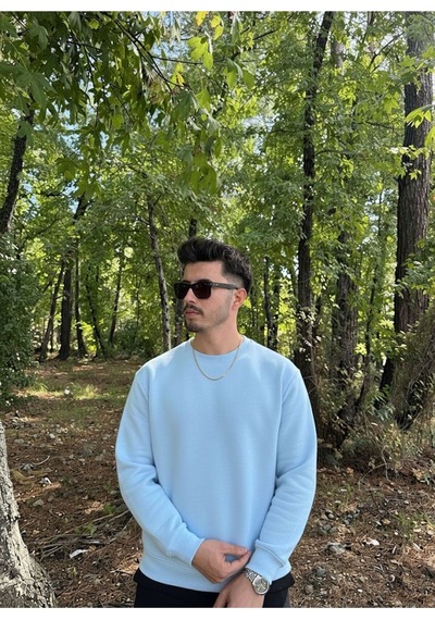 Erkek Oversize Bisiklet Yaka Geniş Kesim Sweatshirt Mavi