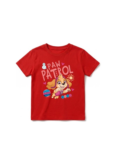 Urbantrendstore Paw Patrol Özel Tasarım Unisex Kız Çocuk Erkek Çocuk Bisiklet Yuvarlak Yaka Basic Kısa Kollu %100 Pamuk Tişört Kırmızı