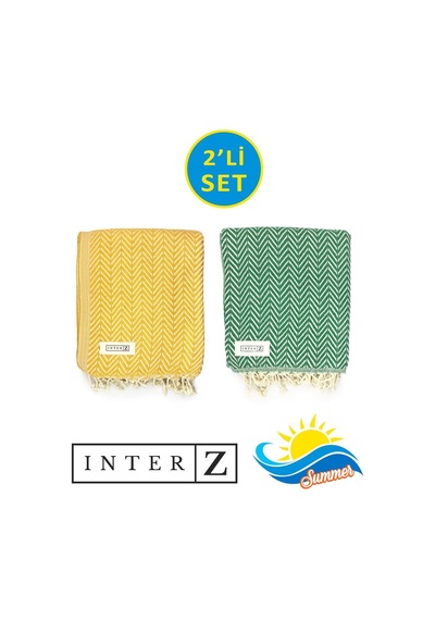 2'li Set Peştemal Plaj Havlusu Pamuk Xxl 100x180cm Marmaris Sarı Yesil
