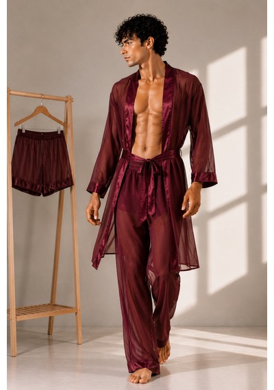 Qmen Style Erkek Şifon Kimono- Pijama - Şort Seti Bordo