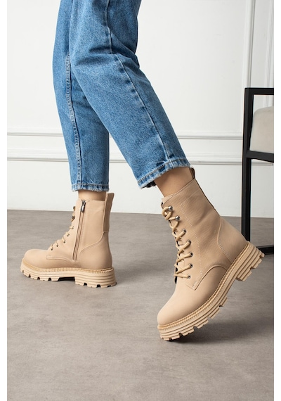 Shoetek Olsima Kadın Bot Bağcıklı Fermuarlı Mat Nut Deri Nut Cilt