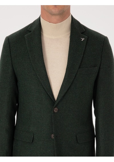 Cacharel Haki Slim Fit Yün Karışımlı Mikro Desenli Ceket Yesıl