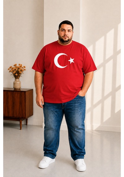 Sngl Tekstil Erkek Büyük Beden Kısa Kollu Ay Yıldızlı Tişört 3xl 4xl 5xl 6xl 7xl 8xl 9xl Kırmızı
