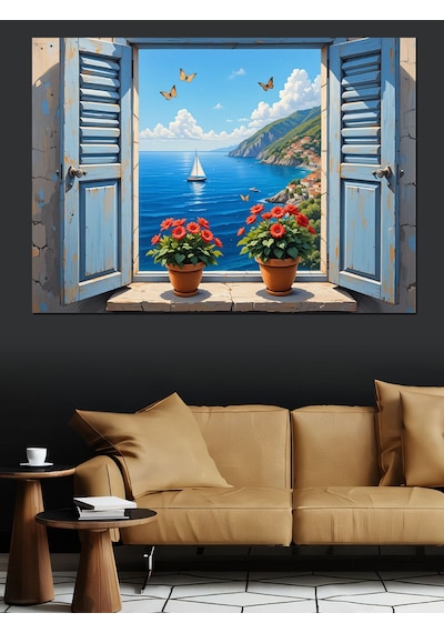 Deniz Manzaralı Açık Pencere Dekoratif Kanvas - Mdf Ahşap Tablo