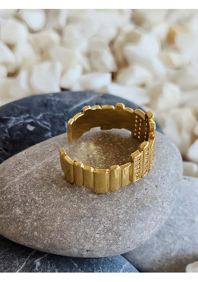 Eva Takı Store Zikzak Geometrik Model Sedefli Zirkon Taşlı Ayarlanabilir Gold Renk Çelik Yüzük Gold