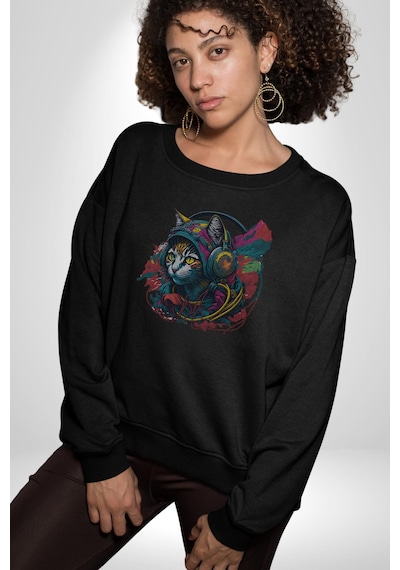 Kulaklık Kedi Müzik Tekir Unisex Siyah Baskılı Sweatshirt Siyah