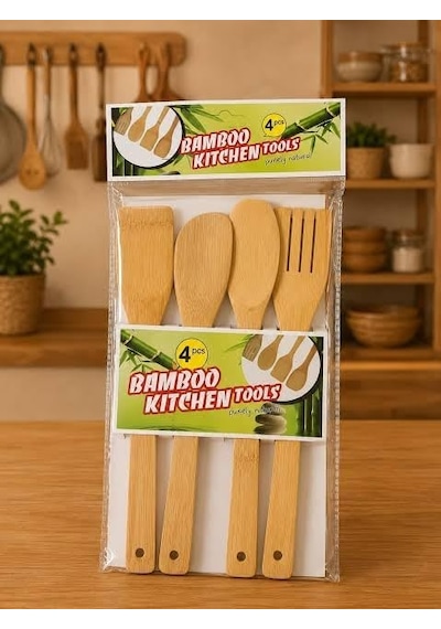4 Parça Doğal Ahşap Mutfak Gereçleri Seti - Çizilmez Tahta Kaşık Ve Spatula - Granit, Teflon Ve Seramik Tavalar İçin Güvenli