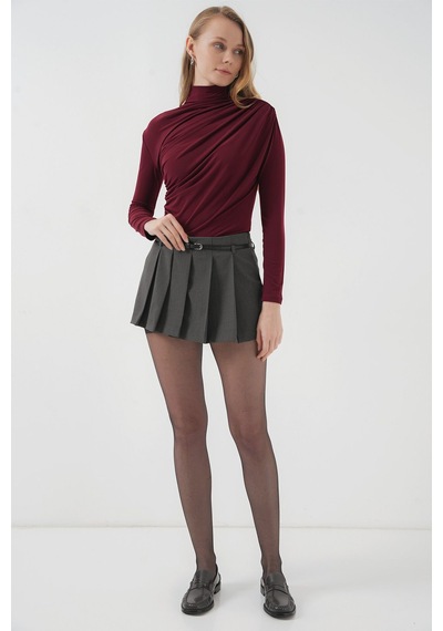 Hiccup Bdart Drape Detaylı Vücuda Oturan Dik Yaka Bluz Bordo Kırmızı