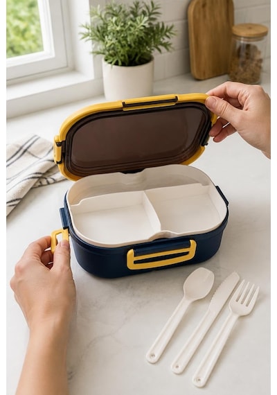 1200 Ml 2 Katlı 6 Bölmeli Bpa'sız Pp Plastik Sefer Tası Ve Beslenme Çantası - Hava Kilitli Bento Lunch Box, Çatal Ve Kaşık Dahil Mavi Çok Renkli