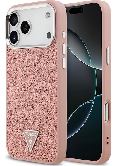 Apple Uyumlu iPhone 17 Pro Max Kılıf Guess Lisanslı M-safeli Metal Kamera Çerçeveli Üçgen Logolu Glitter Pembe Pembe