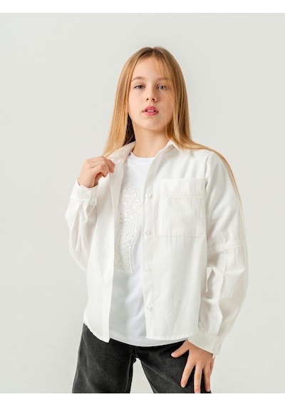 Giyicem Kız Çocuk Cep Dantelli Gömlek T-shirt İkili Takım 1803 Beyaz