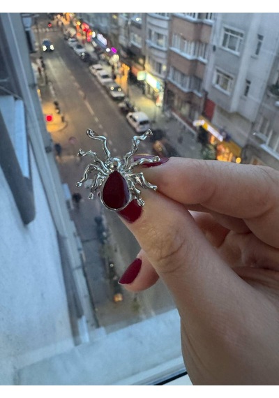 Gotik Kırmızı Örümcek Ayarlanabilir Kadın Yüzük Gümüş - Gri