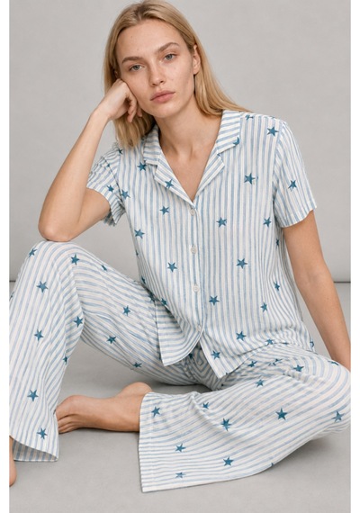 Kadın Kısa Kollu Rahat Mavi Pijama Takımı 4728