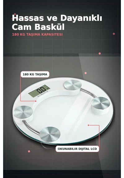 Temperli Cam 180 Kg Kapasiteli Dokunmatik Baskül - Şeffaf Dijital Tartı, Ev Kullanımı Bx-313434 Açık Bej