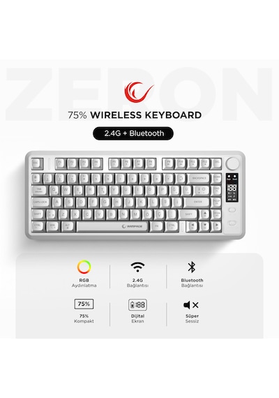 Rampage Rm-k87 Zeron Beyaz Kablosuz Rgb Oyuncu Klavyesi 2.4g + Bluetooth 75% Q Türkçe Gaming Klavye
