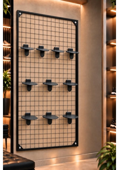 Sık Telli Tel Raf - Tel Pano Stand, Duvar Askılığı-10 Adet Plastik Ayakkabı Standı Hediyeli 60x120 Cm 60 x 120 CM