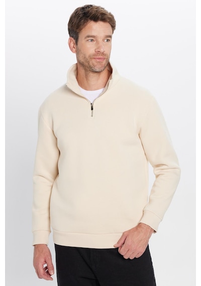 Tudors Unisex Relax Fit Rahat Kesim Pamuklu İçi Polarlı Yarım Fermuarlı Ekru Dik Yaka Sweatshirt-31453 Ekru