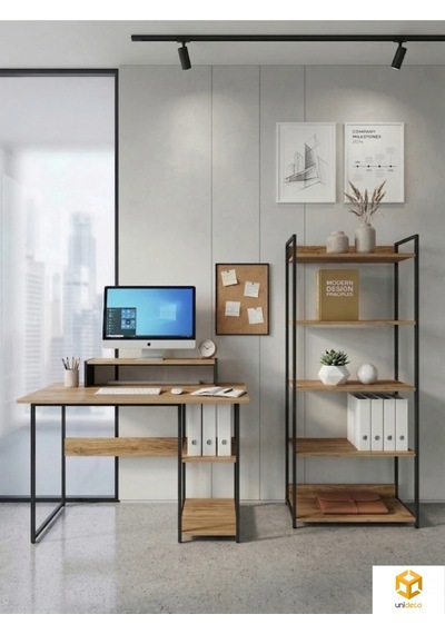 Vien 2 Set Kitaplıklı Masa Raflı Çalışma Masası 5 Raflı Kitaplık Monitör Yükseltici Siyah - Çam Vien 2 Set Kitaplıklı Masa Raflı Çalışma Masası 5 Raflı Kitaplık Monitör Yükseltici Siyah - Çam