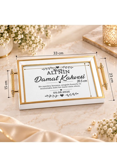 Bk Gift Kişiye Özel Beyaz&gold Söz Nişan Tepsisi-1 - 39x23 Cm Çok Renkli