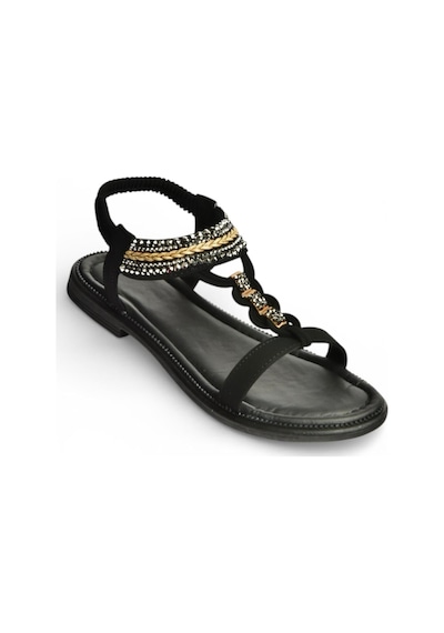 Fox Shoes Y274601309 Siyah Düz Tabanlı Taş Detaylı Kadın Sandalet Siyah