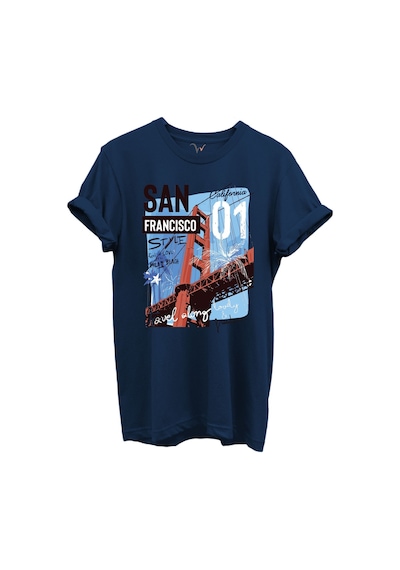 San Francisco California Yazılı Golden Gate Köprüsü Baskılı %100 Pamuk Regular Fit Unisex T-shirt Lacivert