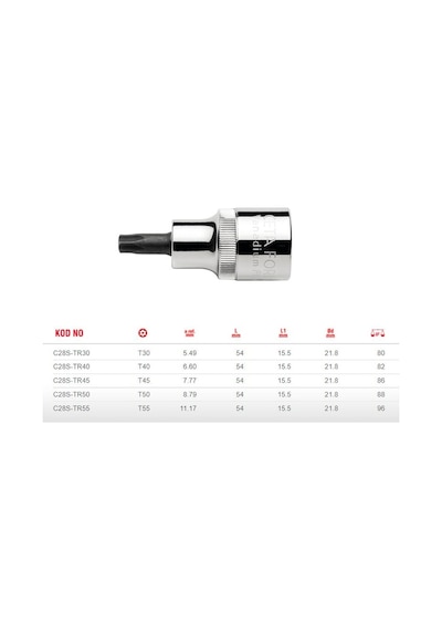 Ceta Form T45 Kısa Tip 1/2 Delikli Torx Uçlu Lokma C28s-tr45