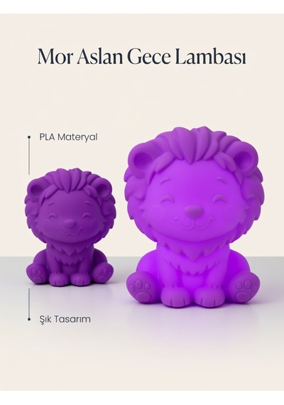 Aslan Modern Dekoratif Ev Hediyesi Tasarım Lamba - Aslan Figürlü Gece Lambası Mor