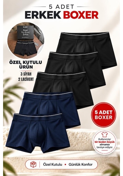 Trendybee Erkek Slim Fit Boxer 5 Adet Paket Likralı Rahat Kesim Özel Kutulu Lacivert-siyah