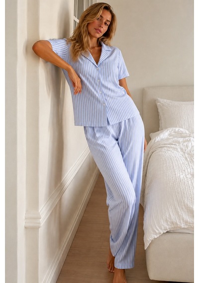 Kadın Loose Kalıp Pamuklu Mavi Pijama Takımı