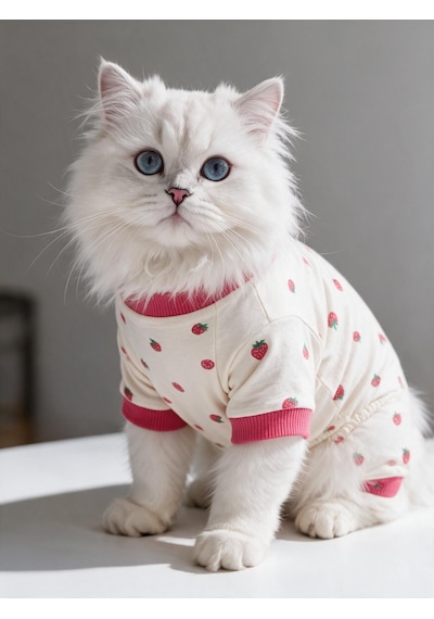 Tatlı Çilek Kedi Uyku Seti Penye Kedi Tulum Ve Mini Yastık Takımı Pamuklu Tüy Dökülmesini Azaltır