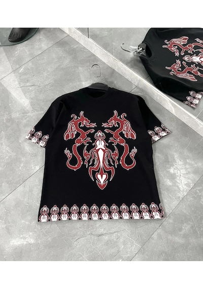 Ertaştrendstore Erkek Kısa Kol Bisiklet Yaka Baskılı Oversize T-shirt - Siyah Çok Renk