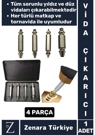 Dayanıklı Matkap Tornavida Uyumlu Hasarlı Paslı Kırık Yamuk Vida Sökme Çıkarma 4 Farklı Uçlu Set