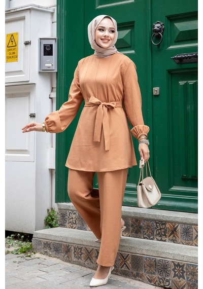 Misskayle Dikiş Detaylı Tesettür Camel Takım Camel