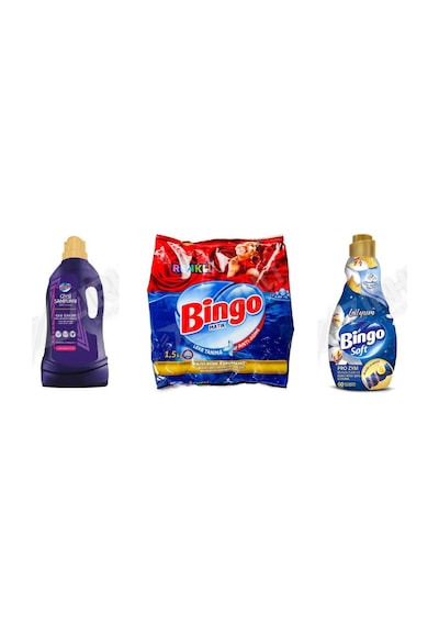Bingo Giysi Şampuanı 3 L + Renkliler İçin Toz Deterjan 1.5 Kg + Soft Yumuşatıcı 1440 Ml 3'lü Set Diğer