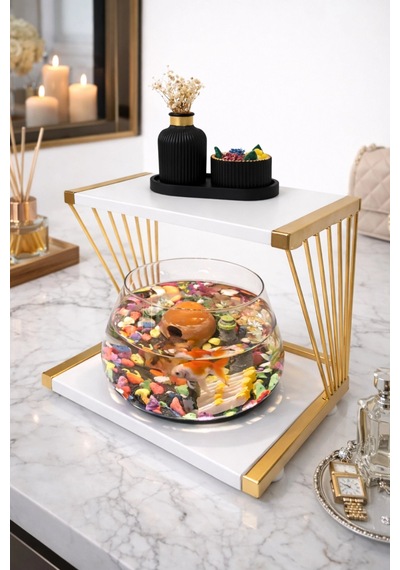 Reyo Ok-ay Store Exclusive Işıklı Beta Akvaryum Ve Fanus Modern Tasarım Led Aydınlatmalı Modern Temalı Fanus Gold-beyaz