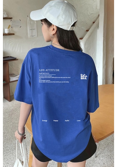 Unisex Life Baskılı T-shirt Mavi