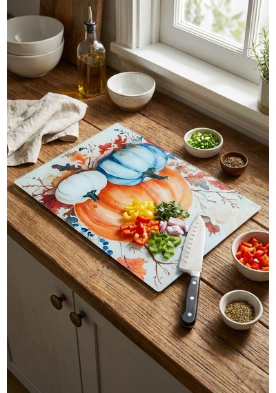 Makri Home Dekoratif Kabak Desenli Cam Kesme Tahtası 25 Cm 35 Cm Turuncu