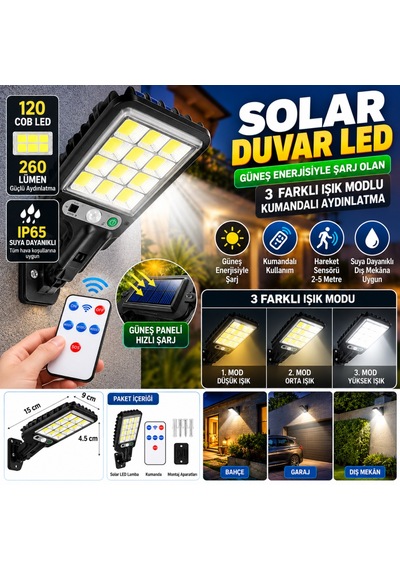 3 Farklı Işık Modlu Güneş Enerjisiyle Şarj Olan Dış Mekan Uyumlu Kumandalı Solar Duvar Ledi 31478037