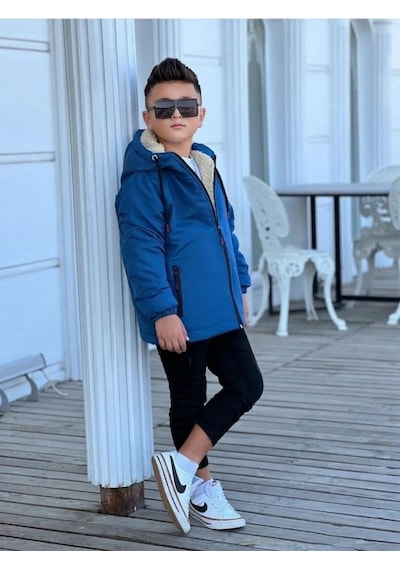 Pina Kids Erkek Çocuk Kürklü Çıkarılabilir Kapüşonlu Oversize Kışlık Mont Km4030 Saks
