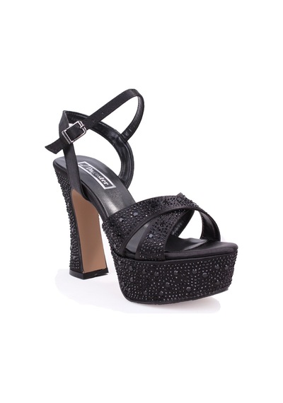 Dagoster Dza07-771900 Siyah Saten Çapraz Bant 12 Cm Kalın Topuklu Platform Kadın Ayakkabı