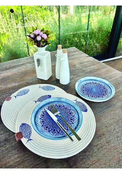 2'li Set Balıklar İşlemeli Amerikan Servis-leke Tutmaz Natural 33 Cm Beyaz