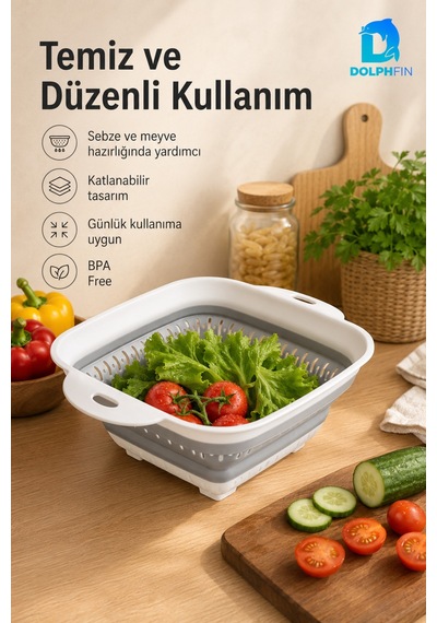Katlanır Kare Süzgeç Mutfak Pratik Kullanım Gereci Beyaz - Gri