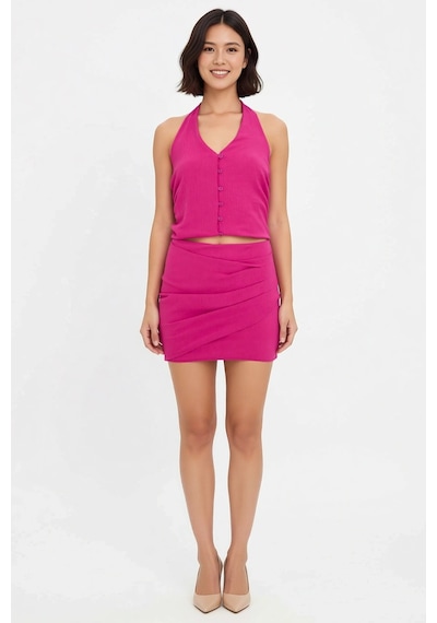Benerly Kadın Kolsuz V Yaka Crop Top Mini Etek İki Parçalı Dokuma Takım A Fuşya