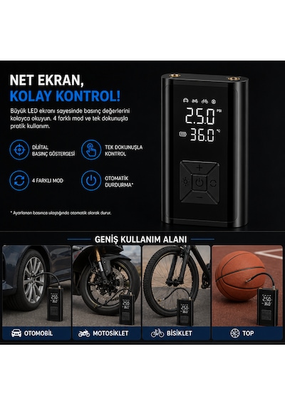 Kablosuz Hava Kompresörü 150 Psı 6000 Mah Dijital Lastik Şişirme Pompası 120w Led Ekranlı Taşınabilir -