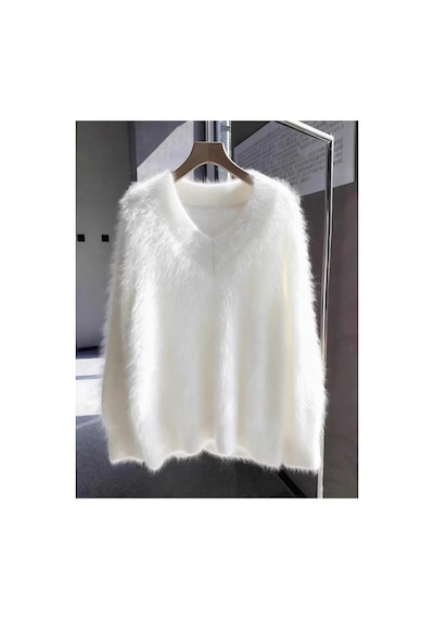 De Pose Kadın Oversize Peluş Yumoş Tüylü V Yaka Basic Triko Kazak Beyaz