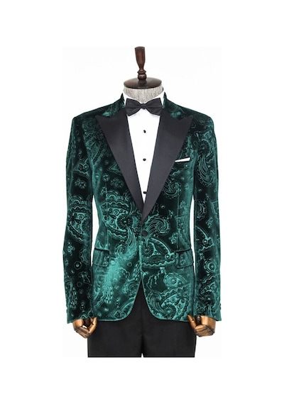 Wessi Floral Desenli Kadife Yeşil Erkek Smokin Ceket 001