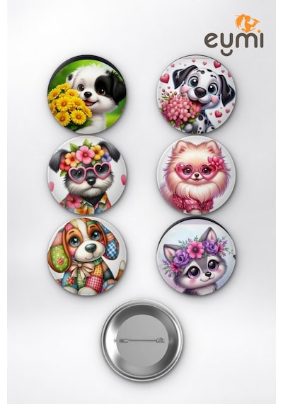 Sevimli Çiçekli Köpekler Golden Dalmaçyalı Çanta Süsü Rozet İğneli Buton Rozet Seti 58 Mm 6'lı Çok Renkli