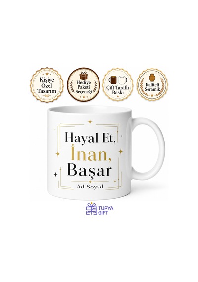 Dream Believe Achieve Baskılı Hayal Et İnan Başar İngilizce Motivasyon Kupa Hediye Beyaz / Çok Renkli
