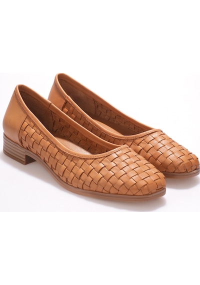 Analin Shoes Kadın Hakiki Deri Örgü Detaylı Babet Taba