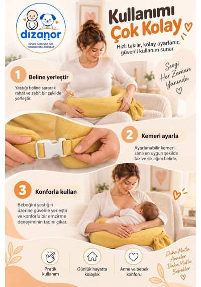 Dizanor Ayarlanabilir Kemerli Çok Amaçlı Emzirme Minderi Fermuarlı Yıkanabilir Kılıf 56x50x11 Cm - Sarı